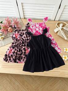 SHEIN 3pcs/Set Baby Girl Black & Magenta Leopard Print Floral Decor Spaghetti Strap Dress Set, Suitable For Street, Travel, Vacation Outfits - Multicolor - View 3