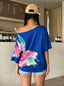 INAWLY Women's Casual Floral Print Off Shoulder T-Shirt, Summer - White - View 2