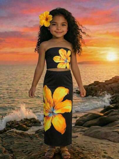 年轻女孩休闲度假印花吊带背心和印花半裙套装