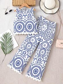 SHEIN Tween Girl Contrast Color Allover Print Casual Sleeveless Top And Loose Fit Wide Leg Pants - Blue - View 3