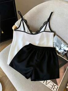 Women's Elegant Lace Trim 2 Pieces Set, Summer - Black and White - View 2