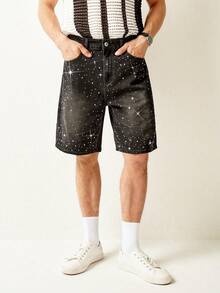 RONVEXI Men's Street Style Washed Loose Fit Black Denim Shorts With Rhinestone Decor - Black - View 4