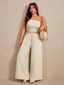 Elaquor Damen Große Größen Beige Plissee Bandeau Top und Weite Hose 2-teiliges Set,Sommer Boho Strand Urlaub Kreuzfahrt Brunch Outfits Lässig Alltagskleidung - Aprikosenfarben - Übersicht 4