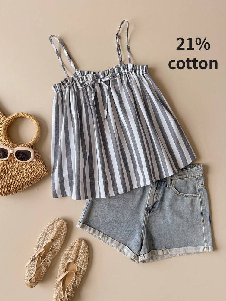 Muvela Áo camisole nữ kẻ sọc xếp nếp, kiểu dáng thường ngày, đa năng. - Nhiều màu - Xem 7