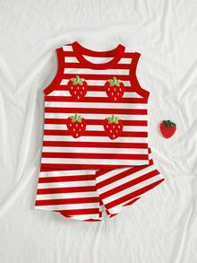 SHEIN Playful Pals 2件套女婴休闲度假风条纹水果草莓印花撞色针织背心和配套短裤套装，2026春夏新款时尚夏季服装 - 彩色 - 查看 1