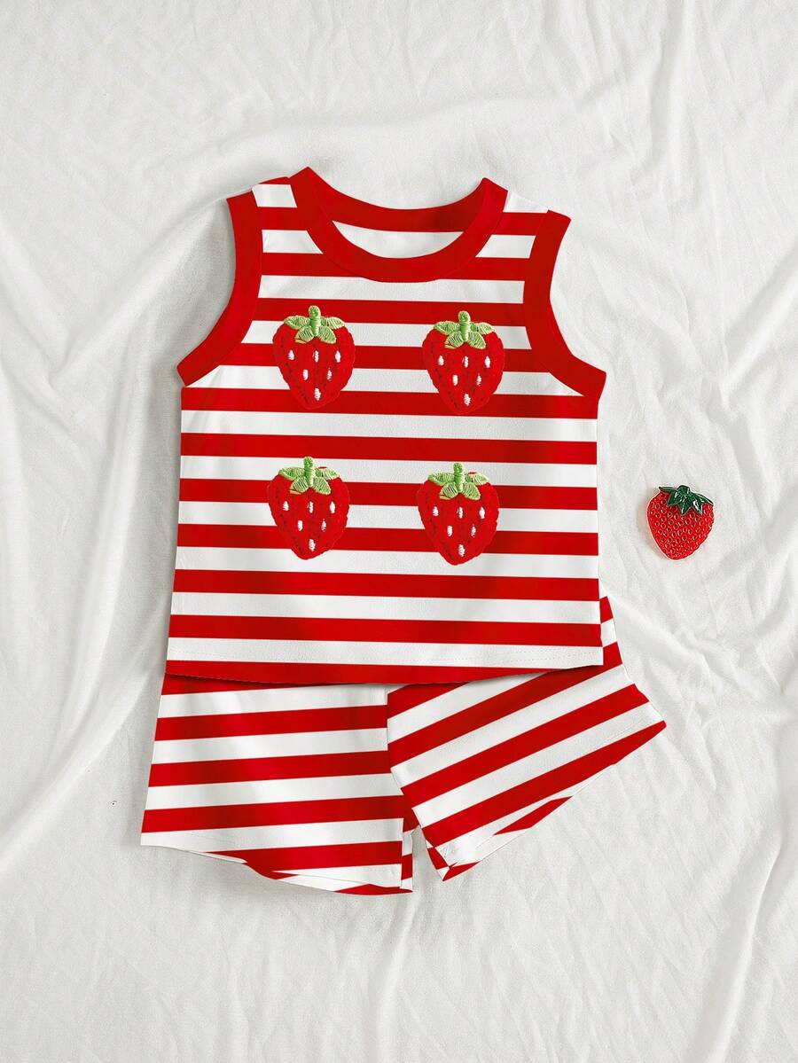 SHEIN Playful Pals 2件套女婴休闲度假风条纹水果草莓印花撞色针织背心和配套短裤套装,2026春夏新款时尚夏季服装 - 彩色 - 查看 1