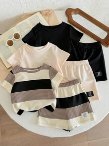 LMoss Kids Bộ 6 món cho bé trai, áo thun và quần short dệt kim màu trơn cổ tròn kẻ sọc, kiểu dáng thường ngày. - Nhiều màu - Xem 4