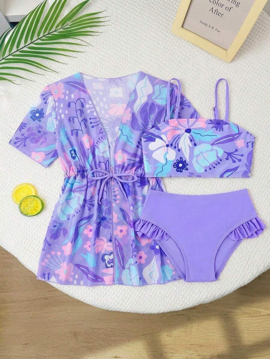 女童三件套比基尼泳衣，紫色热带花卉印花，针织面料，肩带设计，含罩衫，时尚休闲优雅泳装，适合游泳、海滩、泳池、夏季度假等场合。女童夏季泳衣套装，亲子装。