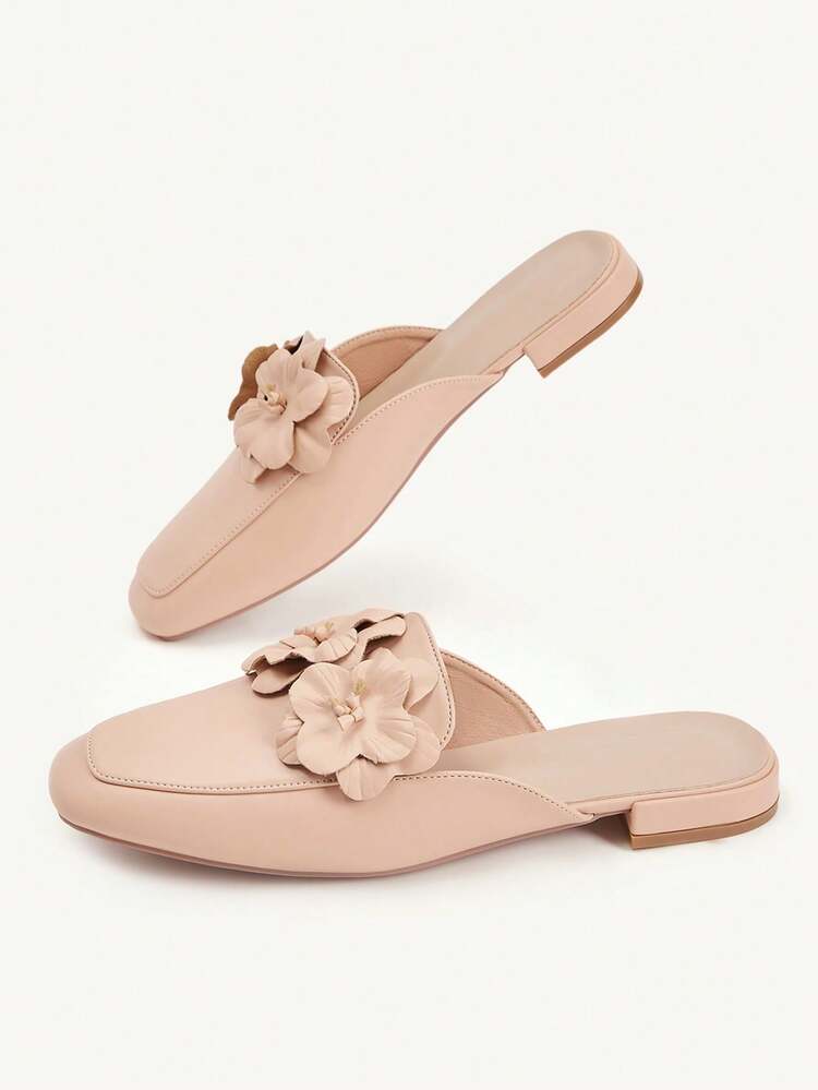 CUCCOO CHICEST Women's Square Toe, Low Thick Heel, Apricot Three-Dimensional Flowers, Fashionable, Comfortable And Elegant Women's Flat-Soled Shoes, Empty Mill Shoes, Daily Commuting, Shopping To Work, Going Out, Flat Women's Shoes