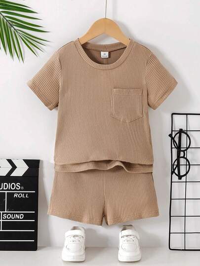 2pcs/Set Young Boy Soft Solid Ribbed Knit Fabric Short Sleeve Crew Neck T-Shirt And Shorts Set, Suitable For Summer Casual, Holiday Wear
