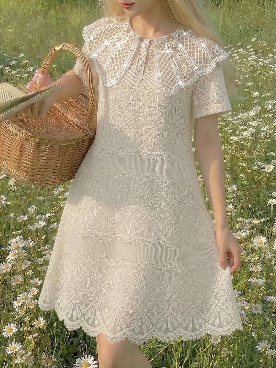 Rochie elegantă de petrecere pentru fete preadolescente, guler Peter Pan, broderie florală, confortabilă, drăguță și șic, potrivită pentru toate anotimpurile, rochie crem pentru fete preadolescente, rochie din dantelă ivory pentru copii, rochie ivory pentru fete preadolescente - Caisă - Vizualizare 1