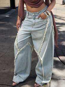 Denimoi Jeans holgados con dobladillo deshilachado, moda de estilo callejero - Lavado ligero - Ver 5