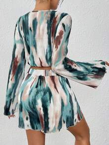 SHEIN Holidaya 2pcs Set: Bell Sleeve Twist Skort Pleated Abstract Print - Multicolor - View 2