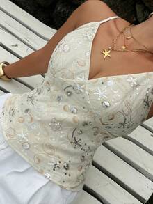 Dazy Plus Áo croptop không tay đính sequin cỡ lớn dành cho nữ, thích hợp cho kỳ nghỉ xuân/hè. - trắng - Xem 1