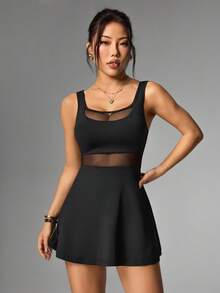Slayform Slayform 女士时尚百搭网纱拼接运动连衣裙和短裤套装 - 黑色 - 查看 3