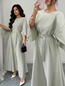 SHEIN Raffinéa Đầm nữ thanh lịch, tinh tế, tay cánh dơi, eo thon, màu kaki, thích hợp cho công sở và thường ngày, mùa xuân/hè. - xanh xám - Xem 1