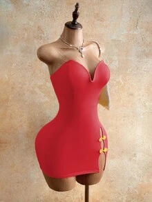 Mistrie Đầm quây ngực xẻ tà, thêu họa tiết thanh lịch dành cho nữ, có cúc cài. - Đỏ - Xem 4