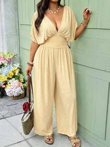 Vionelle Combinaison ample pour femmes grande taille, nouvelle collection printemps et été, style décontracté pour les vacances, col V profond. Combinaison élégante en tricot avec ceinture nouée à la taille et plissée. Style campagne, convient pour le plein air et les vacances. - Jaune clair - Voir 1
