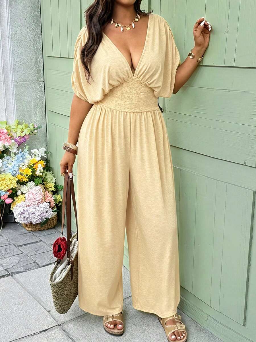 Vionelle Combinaison ample pour femmes grande taille, nouvelle collection printemps et été, style décontracté pour les vacances, col V profond. Combinaison élégante en tricot avec ceinture nouée à la taille et plissée. Style campagne, convient pour le plein air et les vacances. - Jaune clair - Voir 1