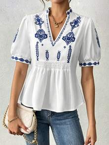 EMERY ROSE Damen Retro Muster Kurzarm Hemd mit Stehkragen, Sommer - Weiss - Übersicht 3