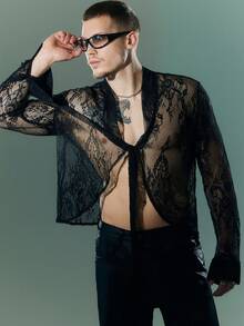 FeverCity Men's Solid Color Lace See-Through Sexy Tie Shirt - Black - View 3