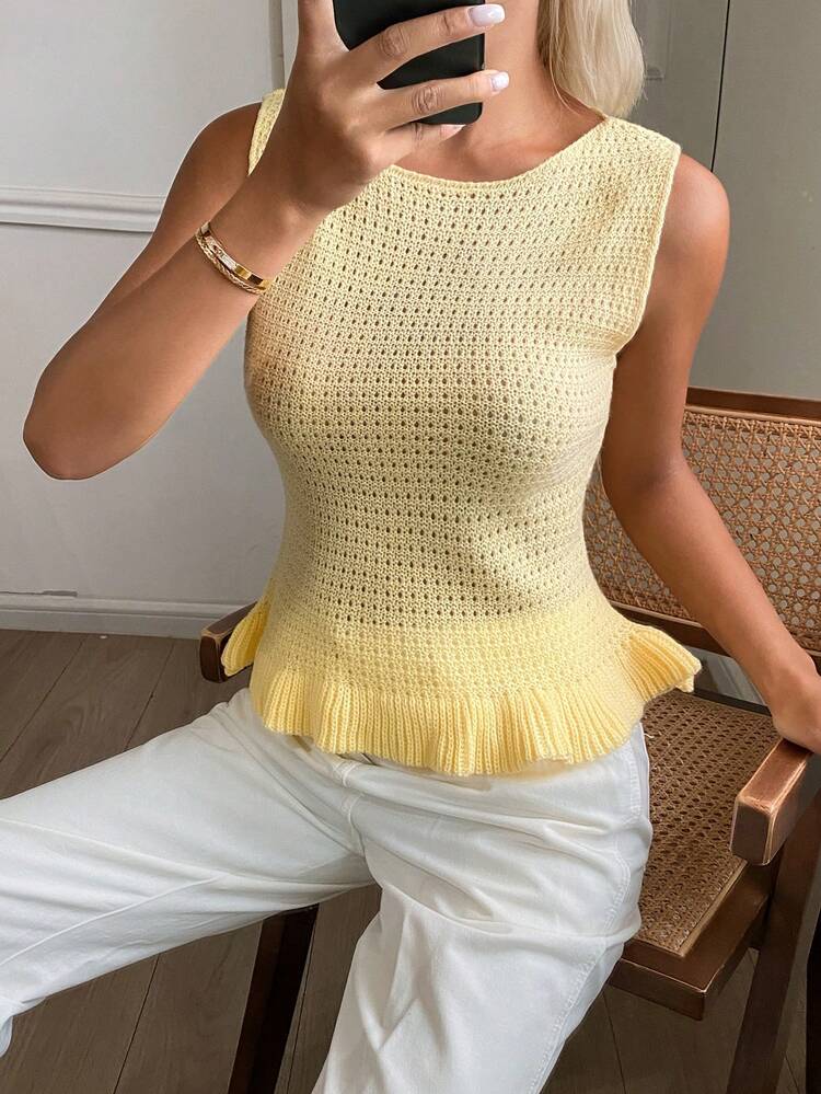 Women's Solid Color Crew Neck Ruffle Hem Sleeveless Casual Vacation Summer Lightweight Knit Tank Top