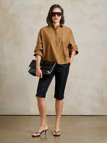 Rouah Blusa holgada con pliegues en la espalda de manga larga color marrón camello con broches premium, puños ajustables fruncidos, camisa de moda para noches de verano - Caqui - Ver 8