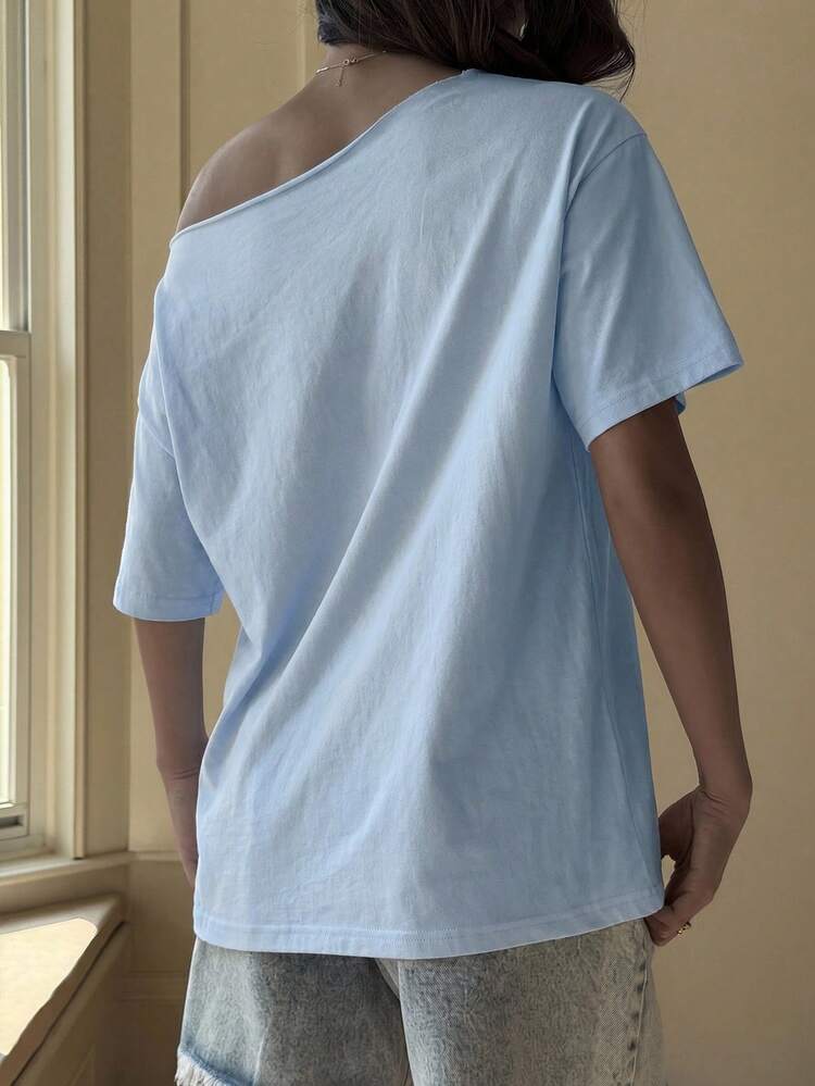 Teen Girl Minimalist Print Asymmetrical Shoulder T-Shirt Summer