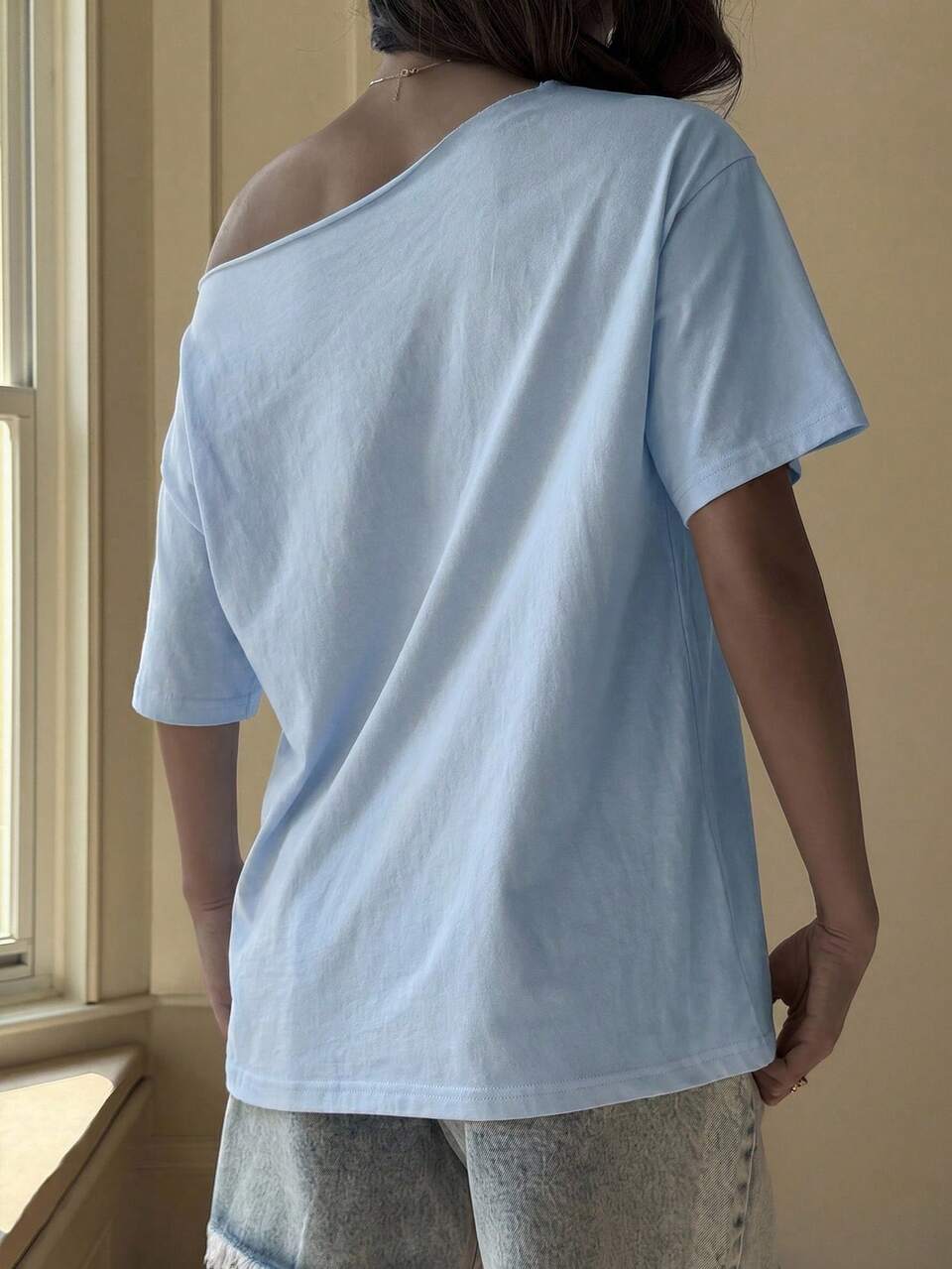 Teen Girl Minimalist Print Asymmetrical Shoulder T-Shirt Summer