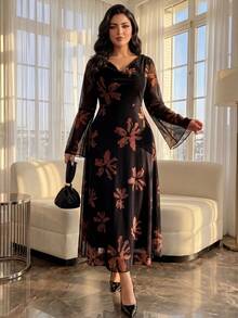 SHEIN Lady CURVE Đầm dài tay xòe màu nâu hoa đen thời trang, thanh lịch, thoải mái cho nữ cỡ lớn mùa thu/đông, thích hợp mặc hàng ngày, dự tiệc, hoặc dành cho người có đường cong cơ thể. - màu đen - Xem 8