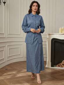 Dazy-Less 2 pezzi Set da donna stile casual blu, leggero, adatto per pendolarismo e lavoro. Set da donna per primavera ed estate - Blu - Visualizzare 2