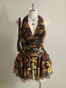 SHEIN ICON Plus Size Leopard Print Halter Neck Ruched Waist Multi-Layered Mesh Dress - Multicolor - View 2