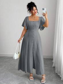 Roveilla Plus Size Gray Ruffle Trim Square Neck Cinched Waist Dress Party Summmer Elegant - Grey - View 4