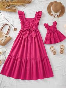 SHEIN Baby Girl Ruffle Trim Ruffle Hem Dress,Kids - Hot Pink - View 1