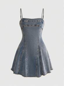 ROMWE Women's Denim Dress, Retro Sexy Street Style Vintage Y2K, Spring/Summer - Blue - View 1