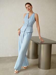 MOTF PREMIUM LINEN DUAL WAIST TIE HALTER NECK VEST, SPRING/SUMMER - Blue - View 5