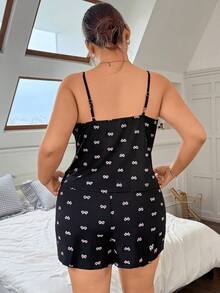 Napfluff CURVE Napfluff CURVE Plus Size Women Lace Patchwork Allover Print Camisole And Shorts Casual Loungewear Set - Black - View 2