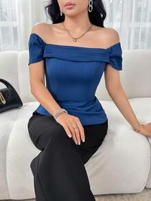 Feyla Women's Elegant Mature Modest Off Shoulder Ruched Blouse, Solid Color, Summer Party Brunch Royal Blue - Blue - View 7