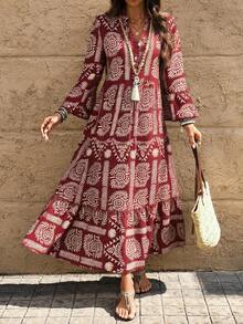 Breezaya Women's Casual Boho Printed Long Dress, Autumn Vacation Burgundy - Burgundy - View 7