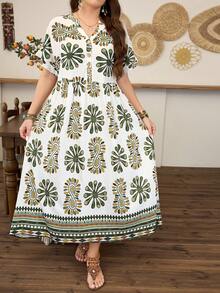 Lacomfia Vestido casual de verano de manga corta con estampado de colocación y ajuste holgado para mujer de talla grande - Multicolor - Ver 6