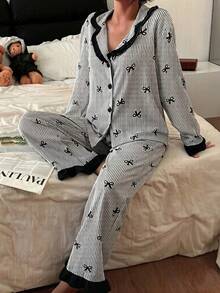Napfluff Blue Striped Bow Print Patchwork Contrast Color Lapel Long Sleeve Pajama Set For Women - Black - View 4