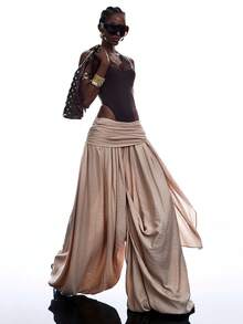 LYSMO Quần Harem xếp ly dáng rộng thời trang thường ngày dành cho nữ - Màu Khaki - Xem 5