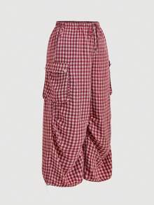 SHEIN MOD Pantalones Cargo a Cuadros Talla Grande, Casual Vacacional, Estilo Mix & Match, Dulce & Fresco, Retro, Casual Femenino - Rojo - Ver 4