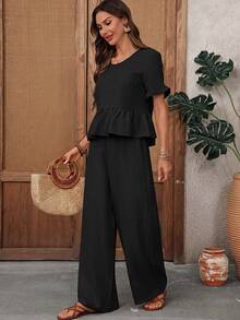 EMERY ROSE Women's Solid Color Minimalist Boho Daily Short Sleeve Top And Pants 2 Pieces Set,Holiday Outfits Women Beach Vacation Holiday Black Summer,Summer Outfits For Women - Black - View 7