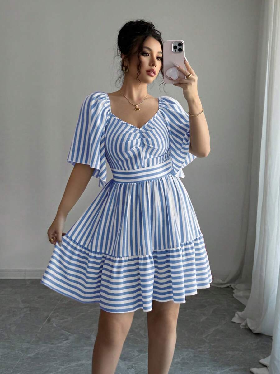 SHEIN Elenzya Latest Spring & Summer Blue And White Striped Short Sleeve Elegant Casual Fitted Waist Mid-Length Dress For Women - Blue and White - View 1