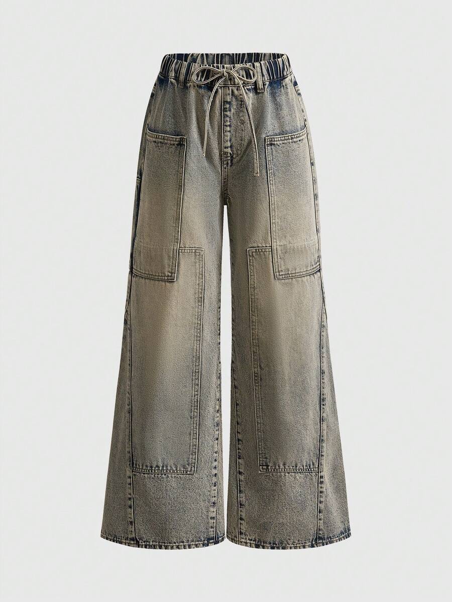 ROMWE Casual Vintage Distressed Loose Fit Flare Jeans For Women, Spring/Summer - Blue - View 1