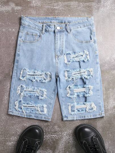 Men's Pocket Frayed Hem Casual Bermuda Denim Shorts