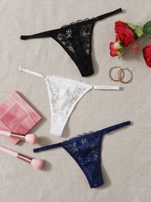 Women's Fantasy Elegant Lace Thong Panties Set Contrast Trim Multicolor Underwear For Her - Multicolor - View 1