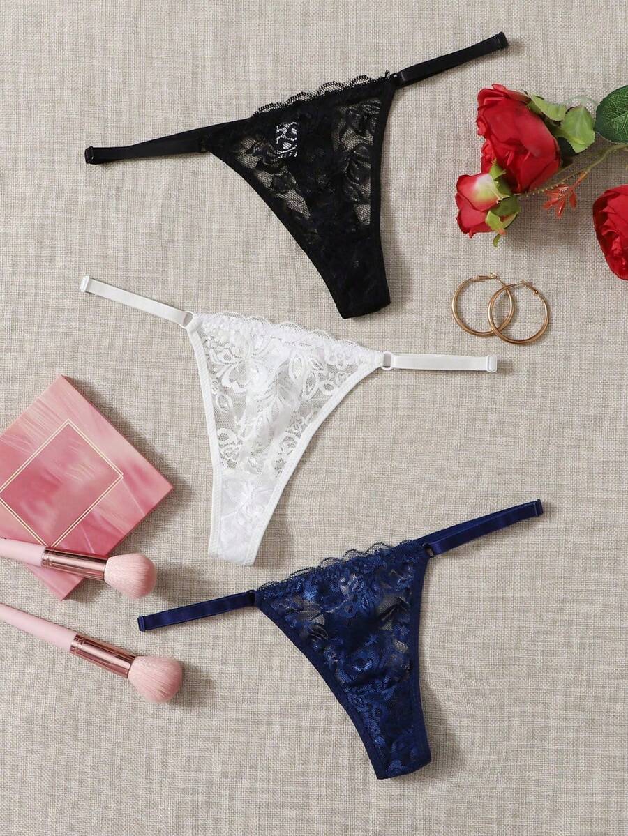 Women's Fantasy Elegant Lace Thong Panties Set Contrast Trim Multicolor Underwear For Her - Multicolor - View 1