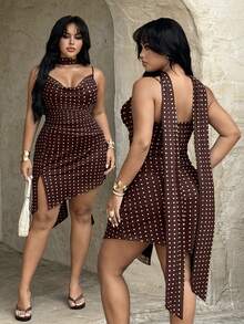 Rustia Vestido maxi asimétrico con volantes, sin mangas y con espalda descubierta, con acentos ondulados en blanco y marrón, para mujer de talla grande. Vestido elegante y de alta gama para vacaciones, baile, uso diario, conciertos, citas, cumpleaños, fiestas y primavera/verano. - Multicolor - Ver 1